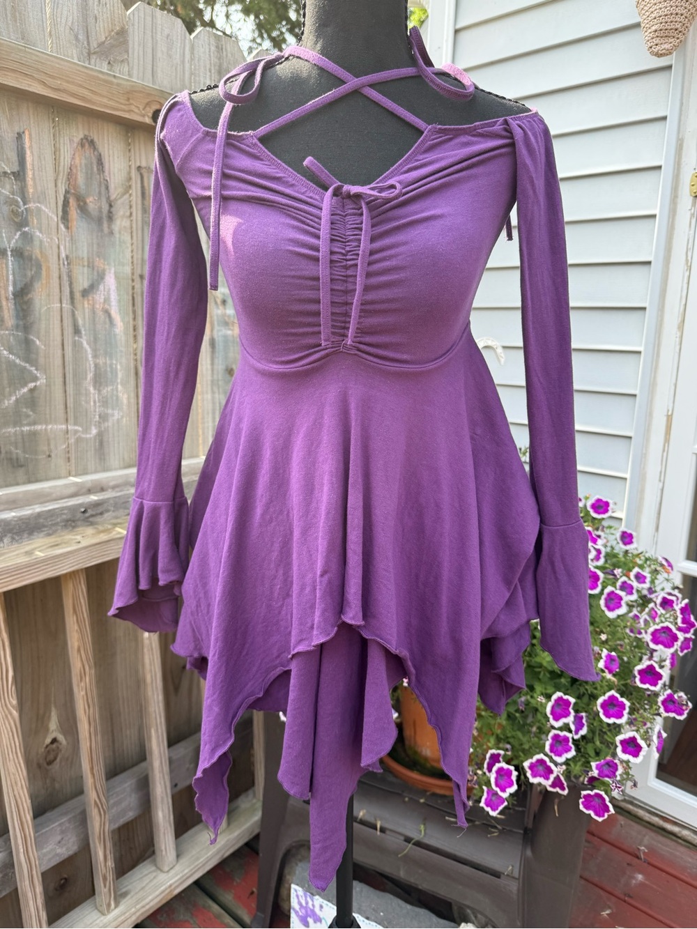 Current Mood Purple Long-Sleeve Asymmetric Handkerchief Hem Dress